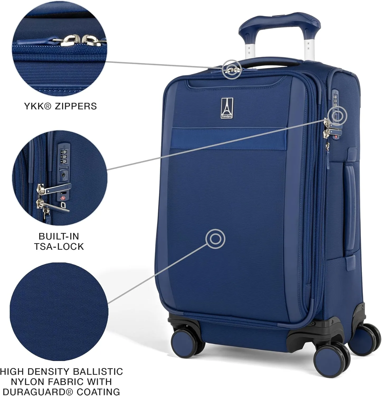 Travelpro VersaPack  Lightweight Softside Expandable Carry on Luggage, 8 Spinner Suitcase, TSA Lock, Men and Women, Carry On 21-Inch, Estate Blue