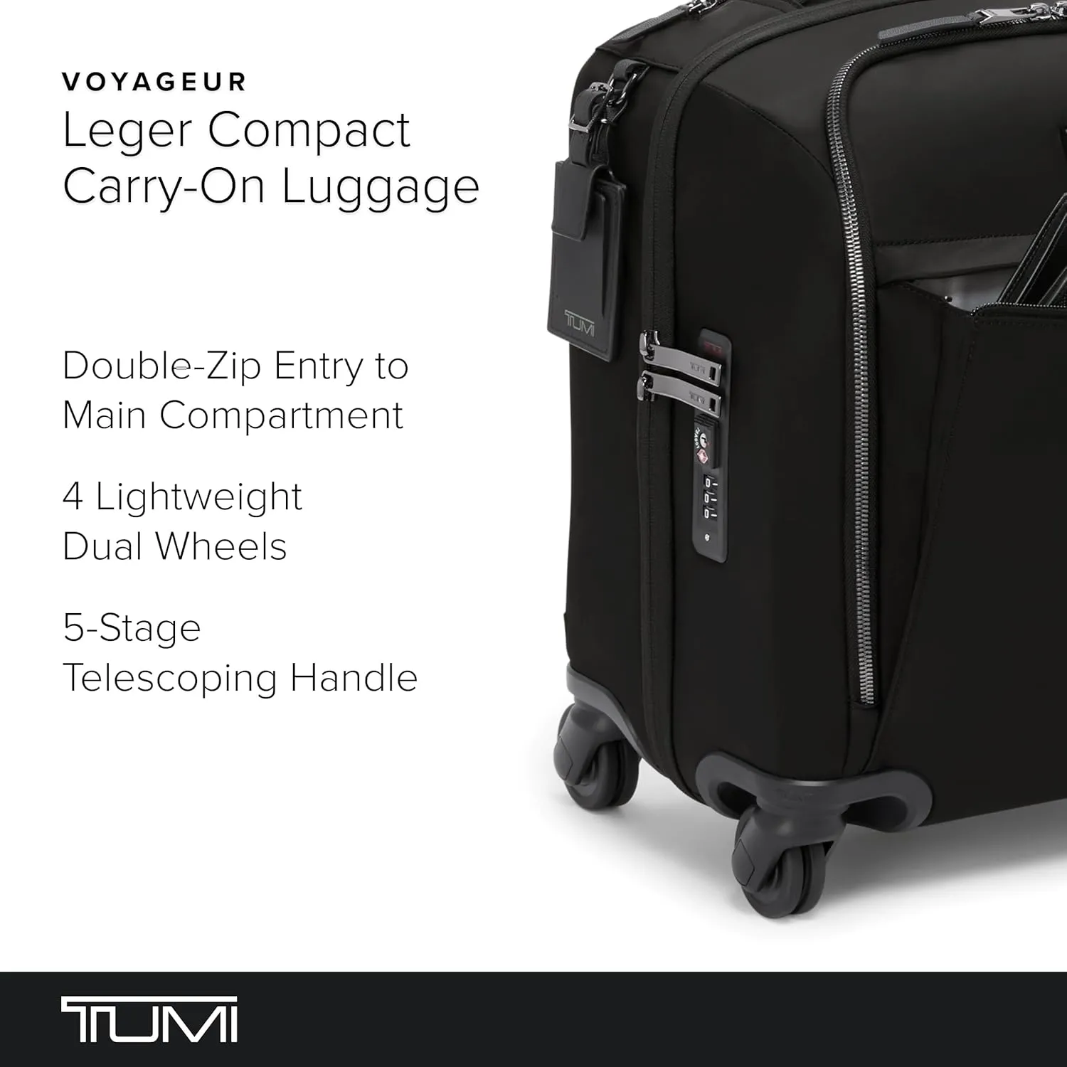 TUMI - Voyageur Leger 4 Wheel Carry-On Luggage - Lightweight and Spacious, Sleek Silhouette, Durable Women's Suitcase - 16" Compact Carry-On, Black with Gunmetal Hardware