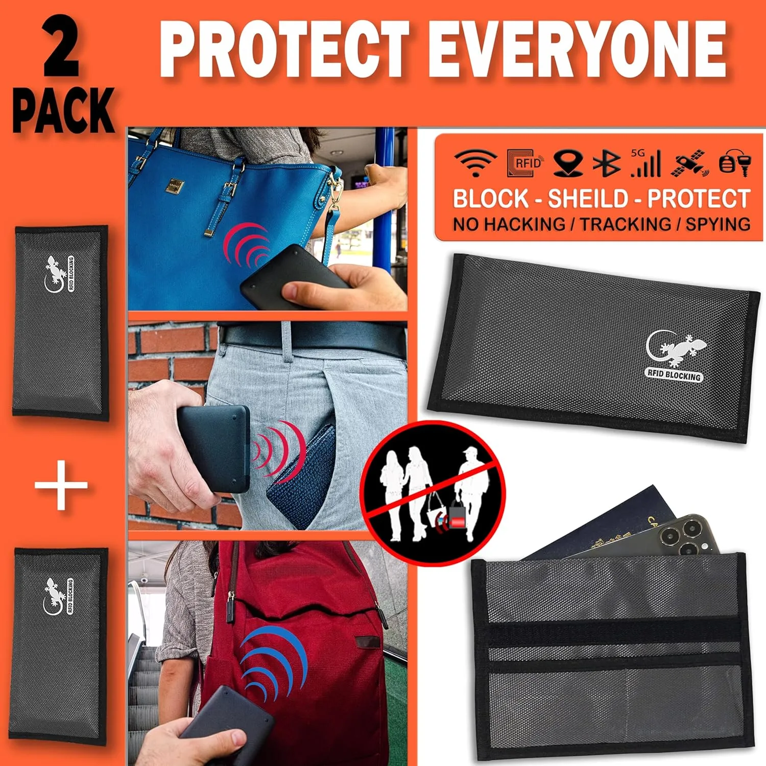 Two Faraday Bags Anti-Tracking GPS RFID Signal Blocker Wallet Shielding Pouches (x2) Protective Cases for Cell Phone Car Key FOB, Data Privacy, Electronic Device Security (2 PACK - POCKET GRAY)