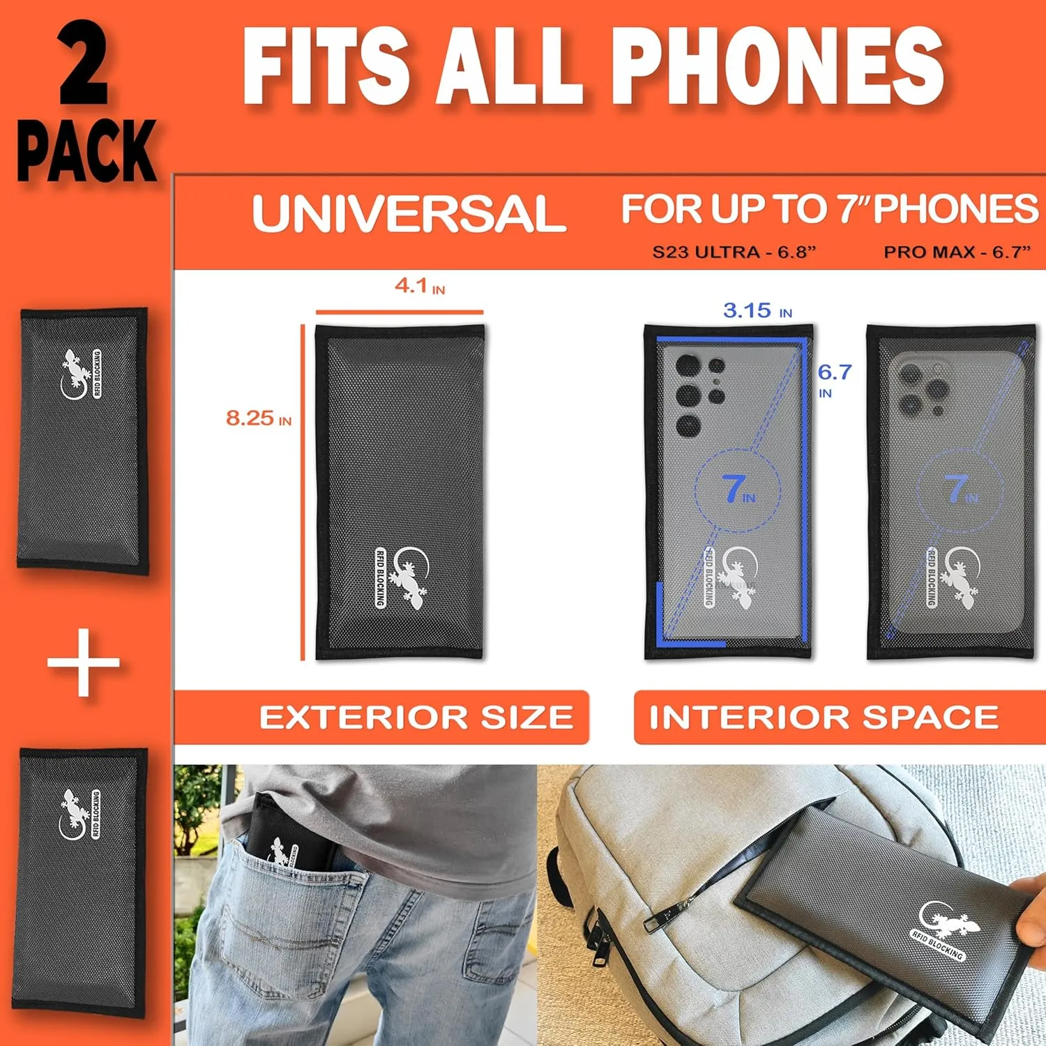 Two Faraday Bags Anti-Tracking GPS RFID Signal Blocker Wallet Shielding Pouches (x2) Protective Cases for Cell Phone Car Key FOB, Data Privacy, Electronic Device Security (2 PACK - POCKET GRAY)