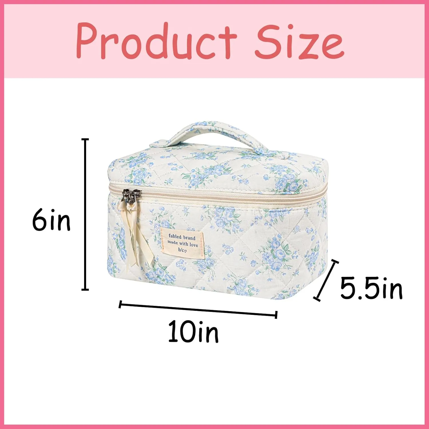 uekeboag Large Travel Quilted Makeup Bag for Women, Floral Cotton Cosmetic Bag, Coquette Aesthetic Floral Toiletry Organizer Bag