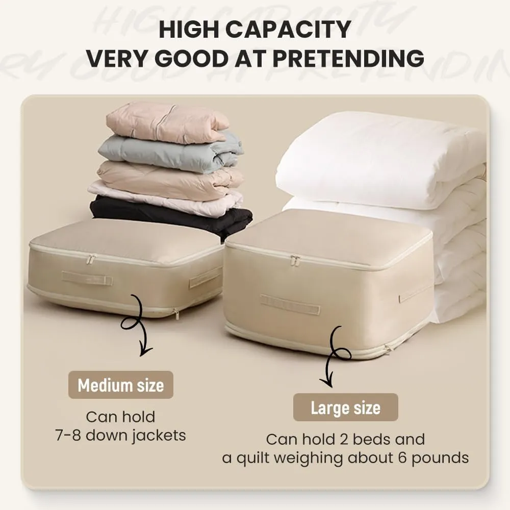 Ultra Space Saving Self Compression Organizer,Heavy Duty Comforter Storage Bag,Storage Tote for Space Saving,Self Compression Organizer Bags for Comforters,Clothes,Blankets (Apricot, L (54*42*30CM))