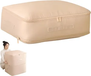 Ultra Space Saving Self Compression Organizer,Heavy Duty Comforter Storage Bag,Storage Tote for Space Saving,Self Compression Organizer Bags for Comforters,Clothes,Blankets (Apricot, L (54*42*30CM))
