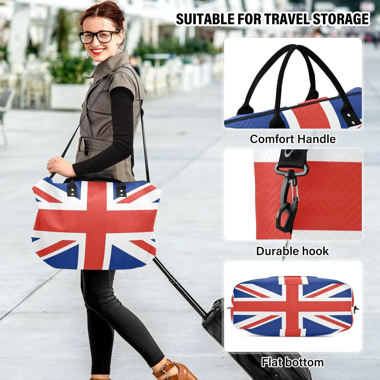 United Kingdom Flag Travel Duffle Bag Gym Bag Weekender Bags Quilt Overnight Bag Carry On Bag with Make Up Bag for Women Ladies Trip Airplane Travel Essentials Gifts