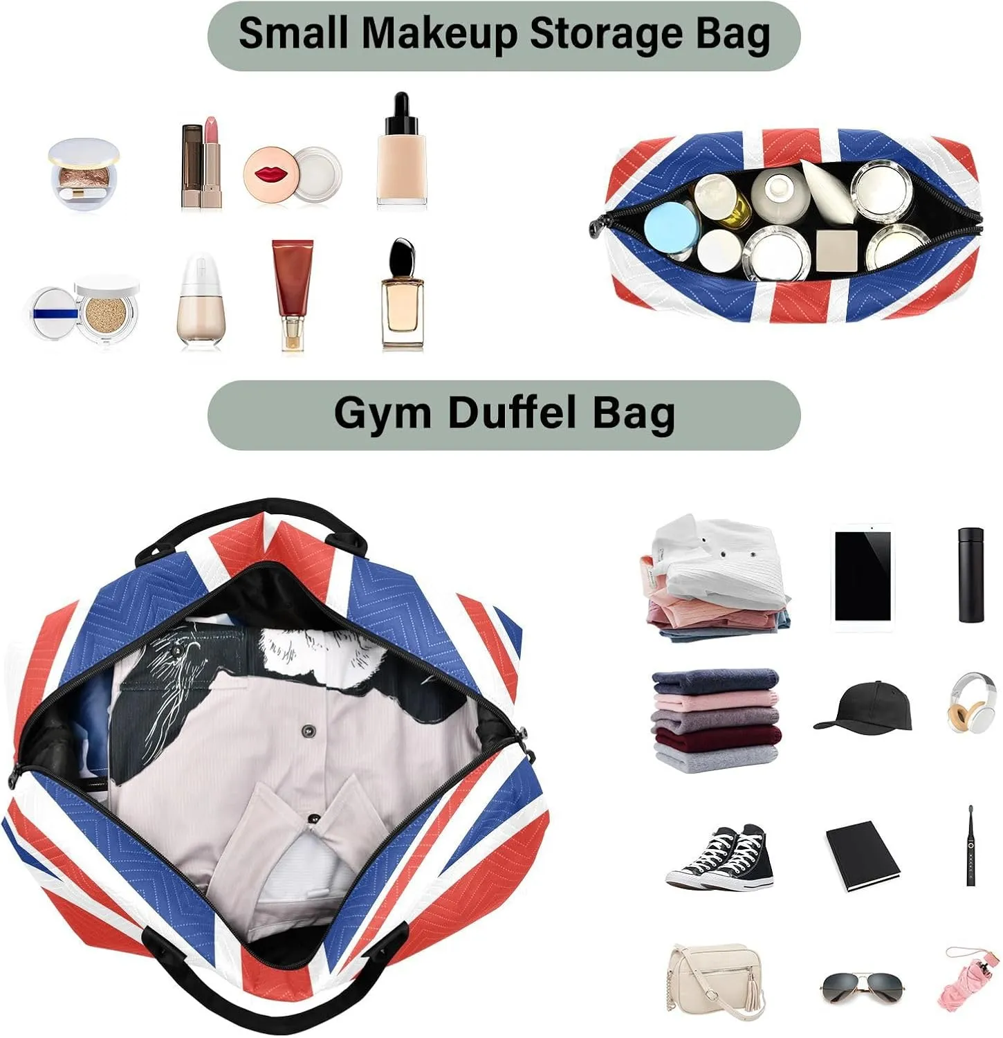 United Kingdom Flag Travel Duffle Bag Gym Bag Weekender Bags Quilt Overnight Bag Carry On Bag with Make Up Bag for Women Ladies Trip Airplane Travel Essentials Gifts