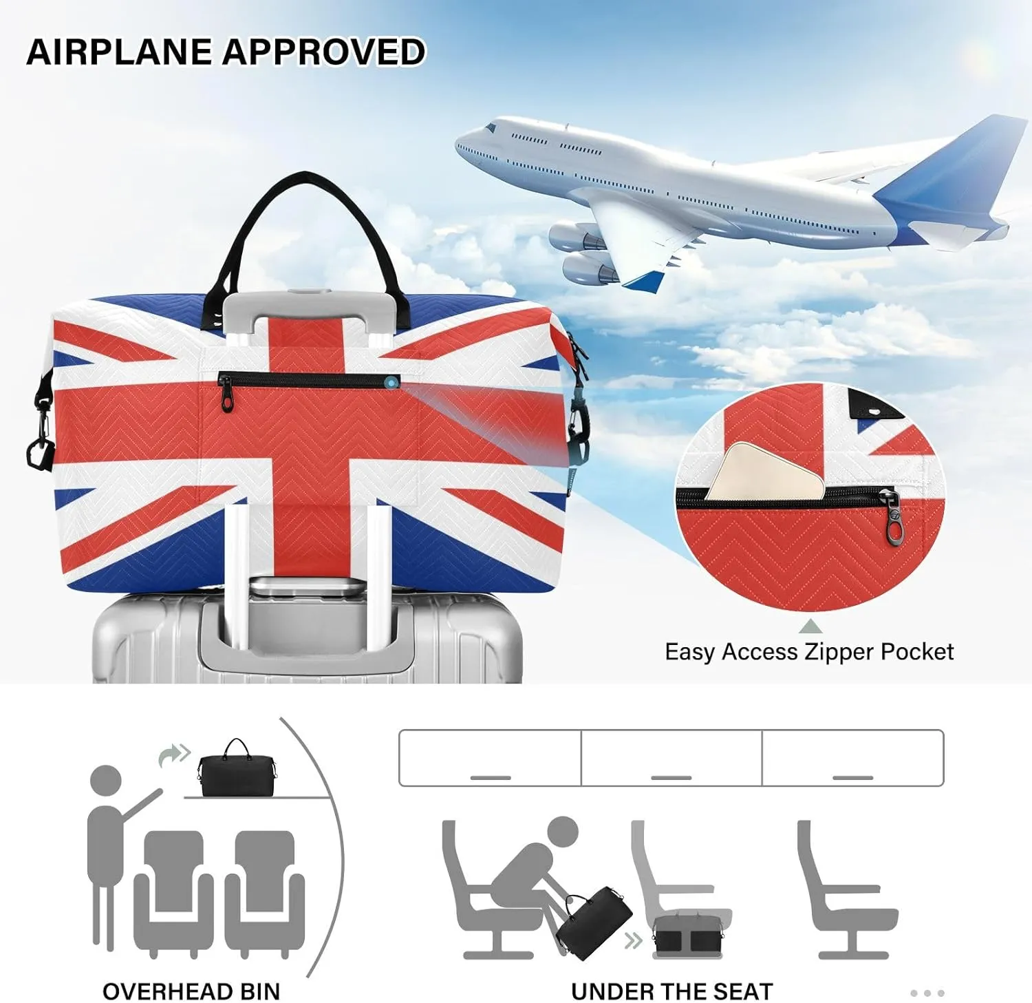 United Kingdom Flag Travel Duffle Bag Gym Bag Weekender Bags Quilt Overnight Bag Carry On Bag with Make Up Bag for Women Ladies Trip Airplane Travel Essentials Gifts