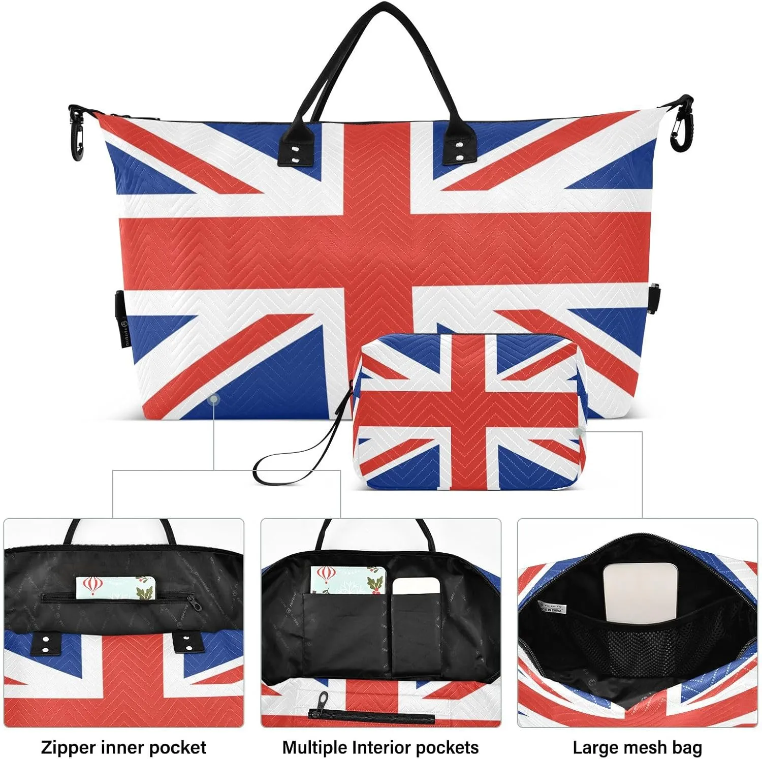 United Kingdom Flag Travel Duffle Bag Gym Bag Weekender Bags Quilt Overnight Bag Carry On Bag with Make Up Bag for Women Ladies Trip Airplane Travel Essentials Gifts