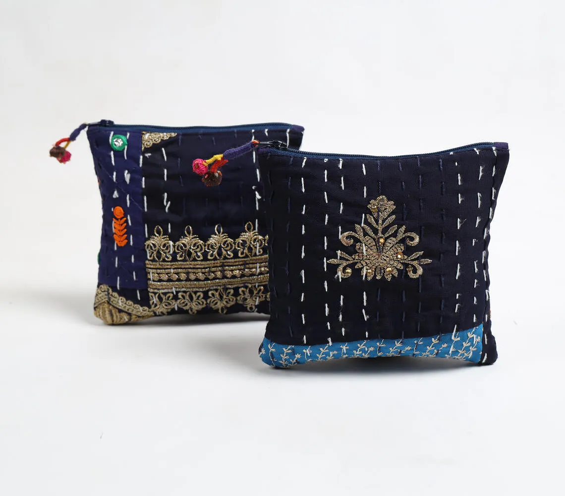 Upcycled Fabric Patchwork Pouches with Kantha Embroidery (set of 2)
