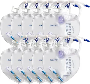Urinary Drainage Bag with Anti-Reflux Chamber, Bedside Drainage Bag 2000 mL with 48" Drainage Tube, Hook Hanger and Clips, Urine Bag with Metals Buckle for Home and Hospitals, 10 Pack