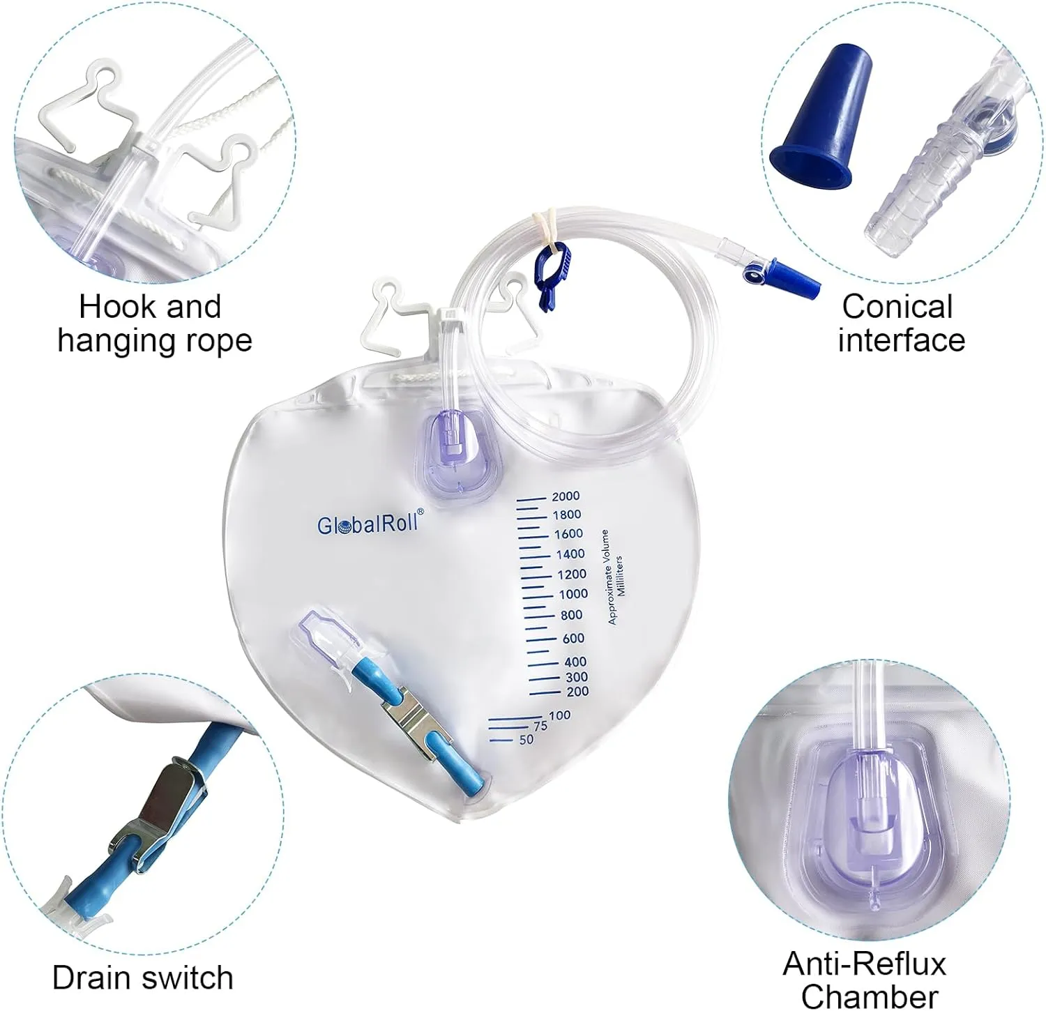 Urinary Drainage Bag with Anti-Reflux Chamber, Bedside Drainage Bag 2000 mL with 48" Drainage Tube, Hook Hanger and Clips, Urine Bag with Metals Buckle for Home and Hospitals, 10 Pack