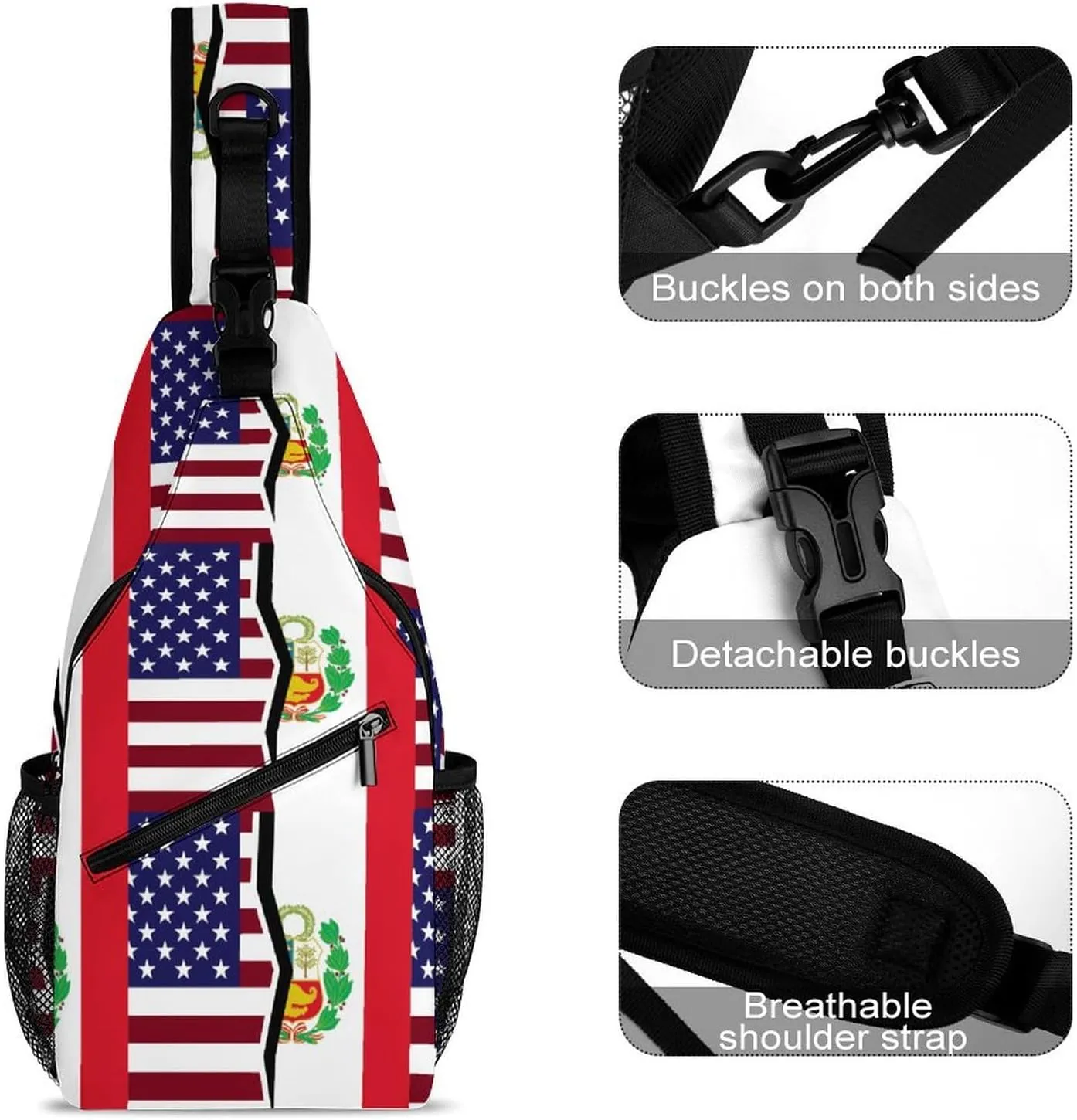 USA And Peruvian Flag Sling Crossbody Backpack with Strap Lightweight Outdoor Hiking, 38x20cm, Style-9-10