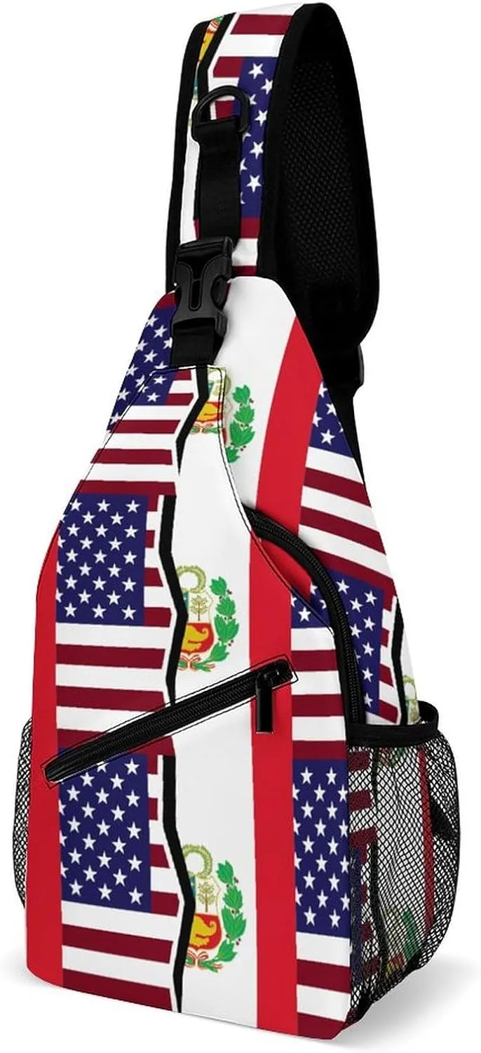 USA And Peruvian Flag Sling Crossbody Backpack with Strap Lightweight Outdoor Hiking, 38x20cm, Style-9-10