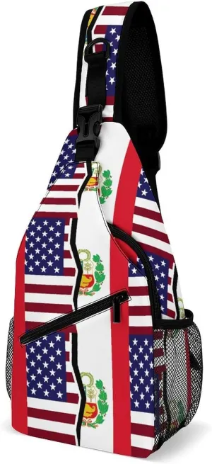 USA And Peruvian Flag Sling Crossbody Backpack with Strap Lightweight Outdoor Hiking, 38x20cm, Style-9-10
