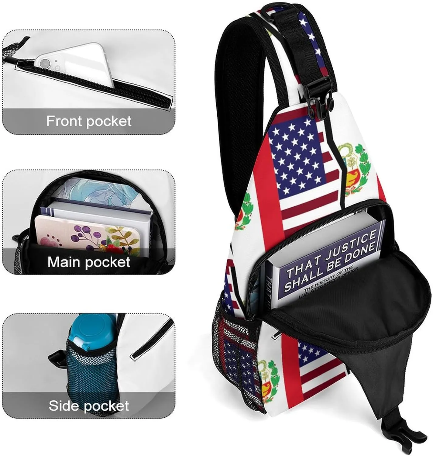 USA And Peruvian Flag Sling Crossbody Backpack with Strap Lightweight Outdoor Hiking, 38x20cm, Style-9-10