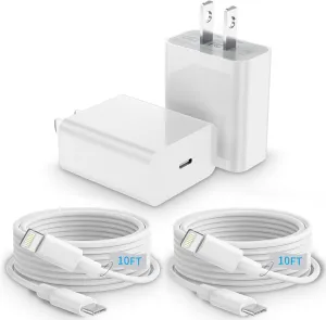 USBC Charger for iPhone Charger, 2-Pack 20W PD USB-C Fast Wall Chargers, USB C Charging Block with 10ft Type-C to Lightning Cable for iPhone 14 Plus/ 13 Pro/ 12 Mini/ 11 Pro Max/X/ 8/ iPad/AirPods