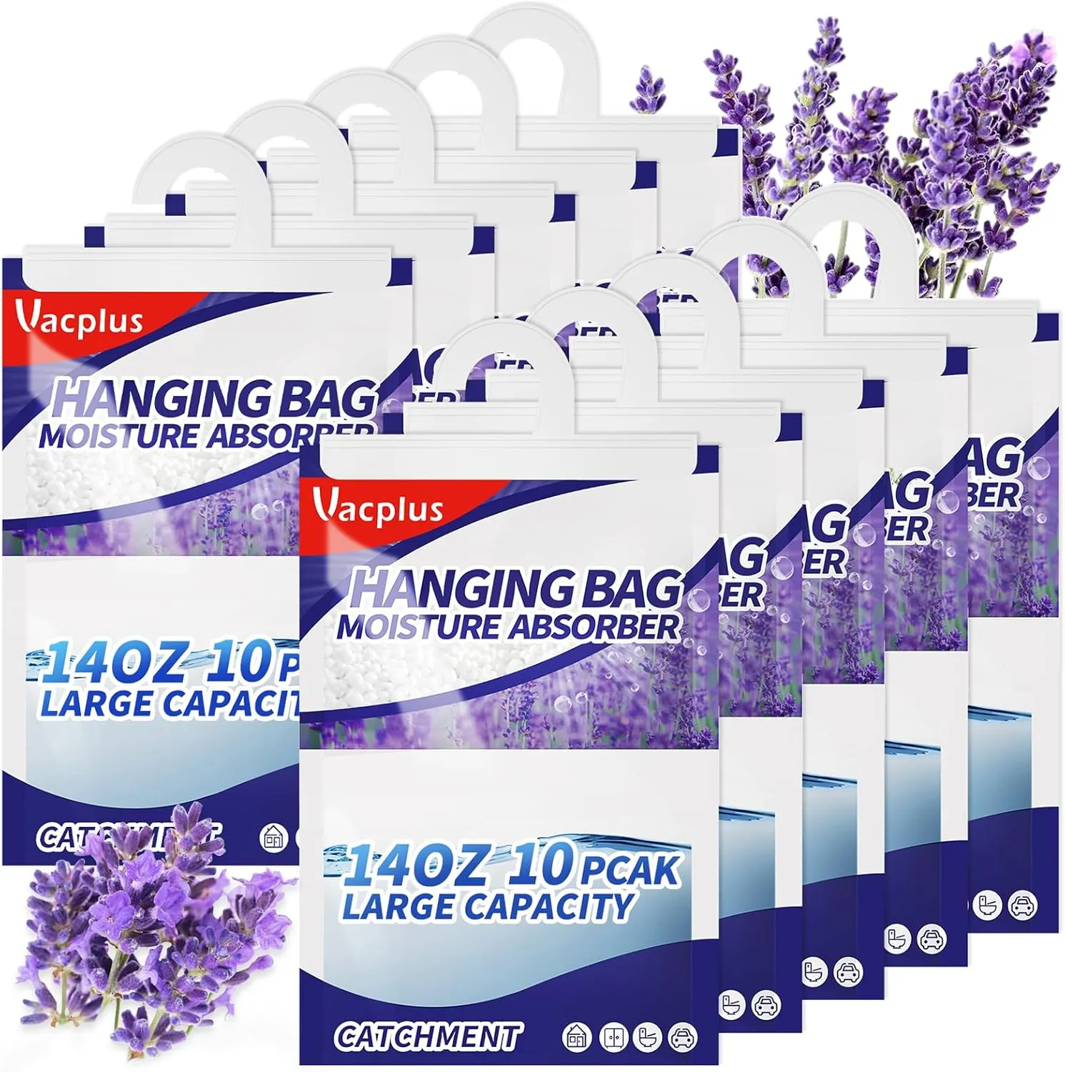 Vacplus Moisture Absorbers, Hanging Closet Dehumidifier Bags, Humidity Packs, Desiccant, Closet Dehumidifiers with Lavender Fragrance, 10 Pack, 14.0OZ