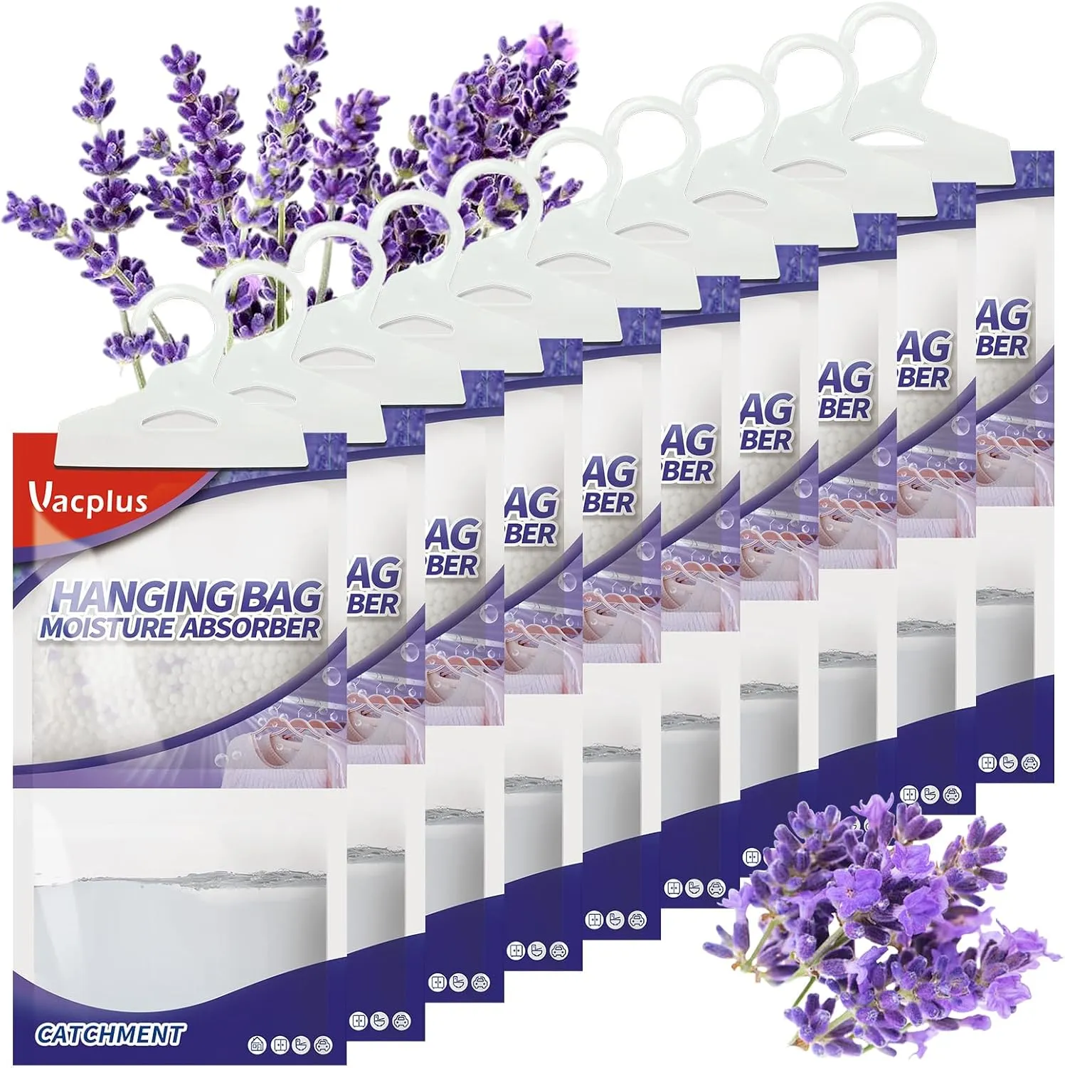 Vacplus Moisture Absorbers, Hanging Closet Dehumidifier Bags, Humidity Packs, Desiccant, Closet Dehumidifiers with Lavender Fragrance, 10 Pack, 9.8OZ