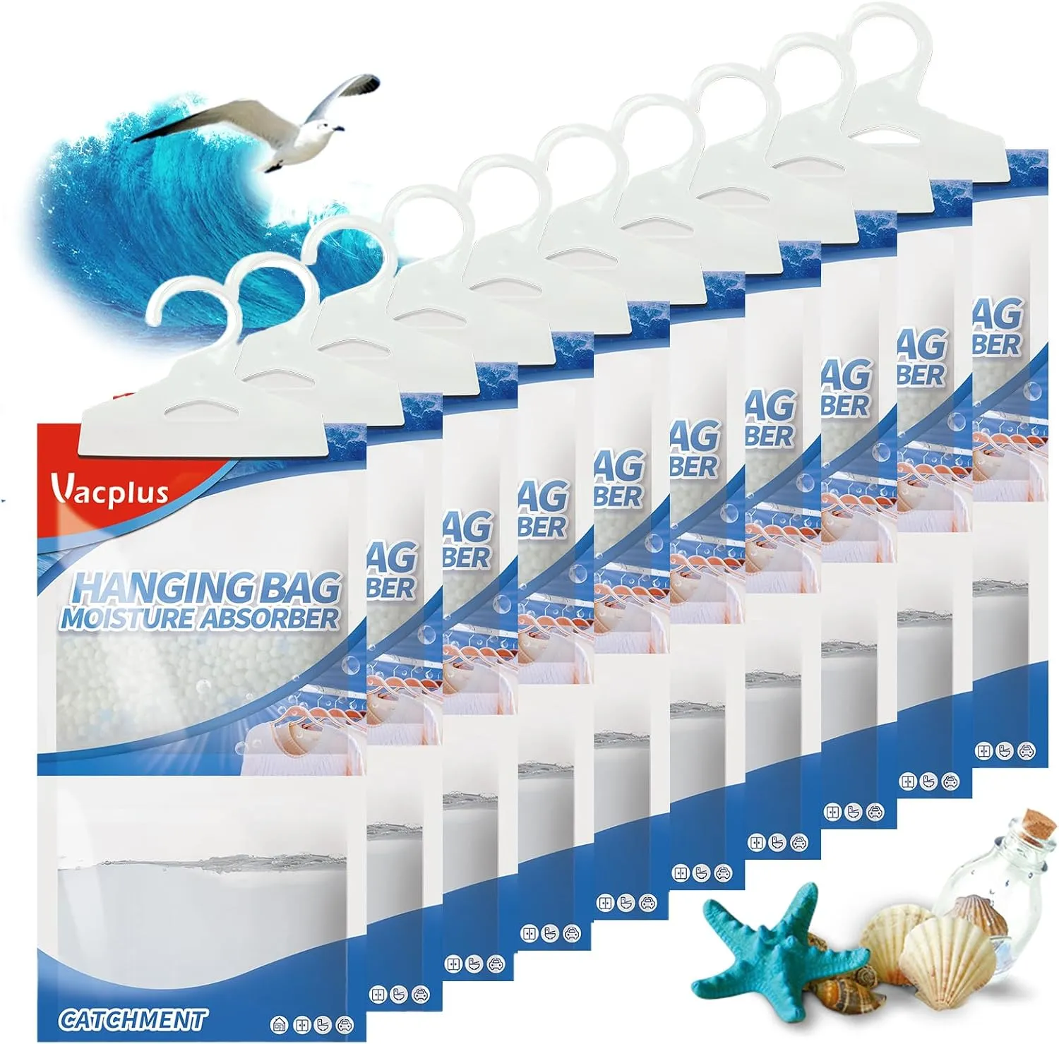 Vacplus Moisture Absorbers, Hanging Closet Dehumidifier Bags, Humidity Packs, Desiccant, Closet Dehumidifiers with Ocean Breeze Fragrance, 10 Pack, 9.8OZ