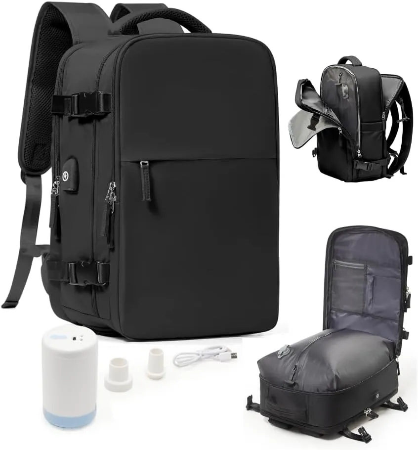 Vacuum Seal Travel Backpack with Air Pump,Compression Vacpack Waterproof Airback Carry On Backpack for Travel Women men with Vacuum System,Airlines Approved Daypack Laptop Space Saver Bags,Black
