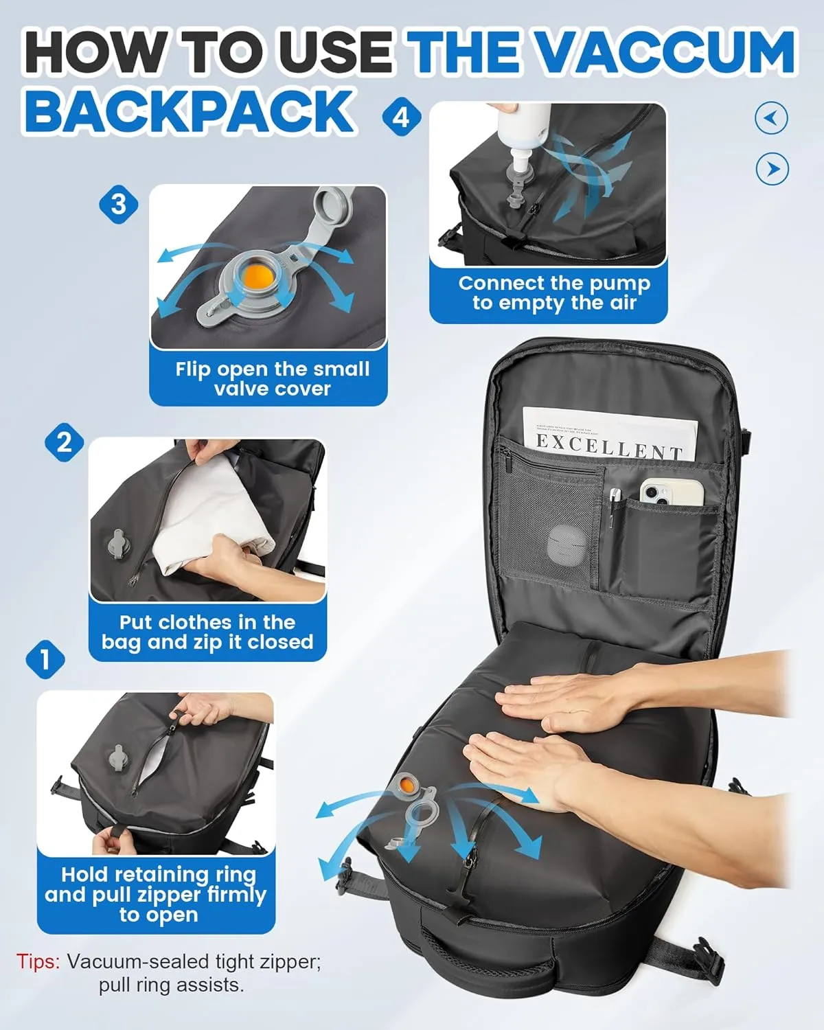 Vacuum Seal Travel Backpack with Air Pump,Compression Vacpack Waterproof Airback Carry On Backpack for Travel Women men with Vacuum System,Airlines Approved Daypack Laptop Space Saver Bags,Black