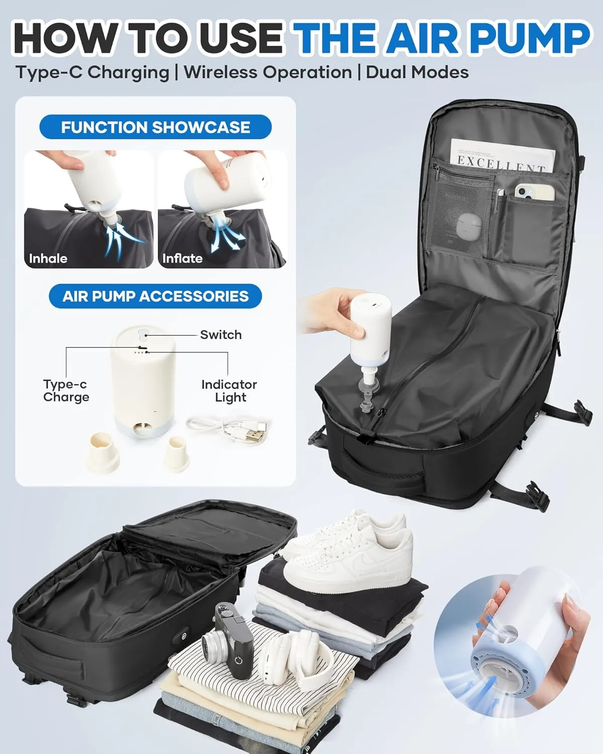 Vacuum Seal Travel Backpack with Air Pump,Compression Vacpack Waterproof Airback Carry On Backpack for Travel Women men with Vacuum System,Airlines Approved Daypack Laptop Space Saver Bags,Black
