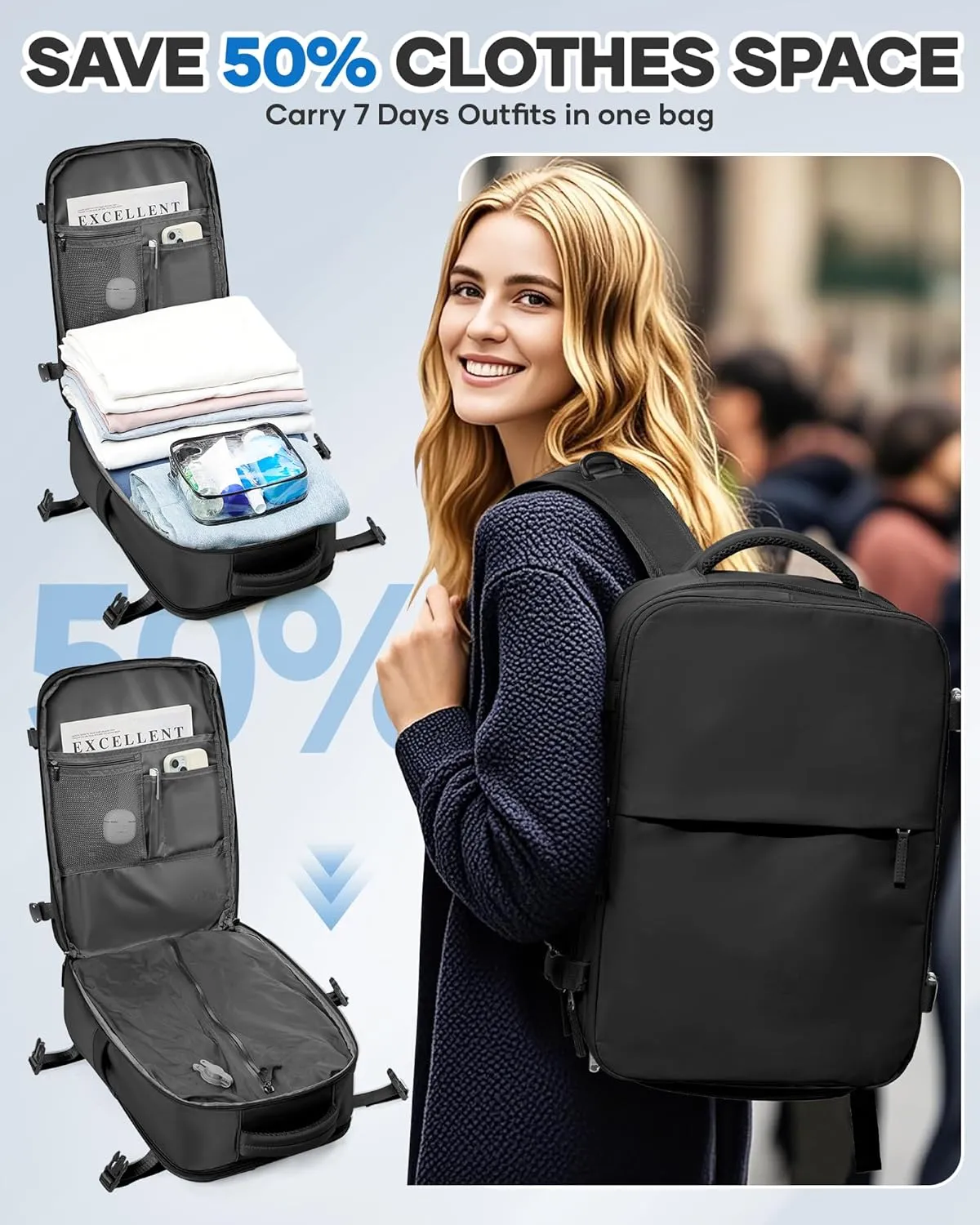 Vacuum Seal Travel Backpack with Air Pump,Compression Vacpack Waterproof Airback Carry On Backpack for Travel Women men with Vacuum System,Airlines Approved Daypack Laptop Space Saver Bags,Black