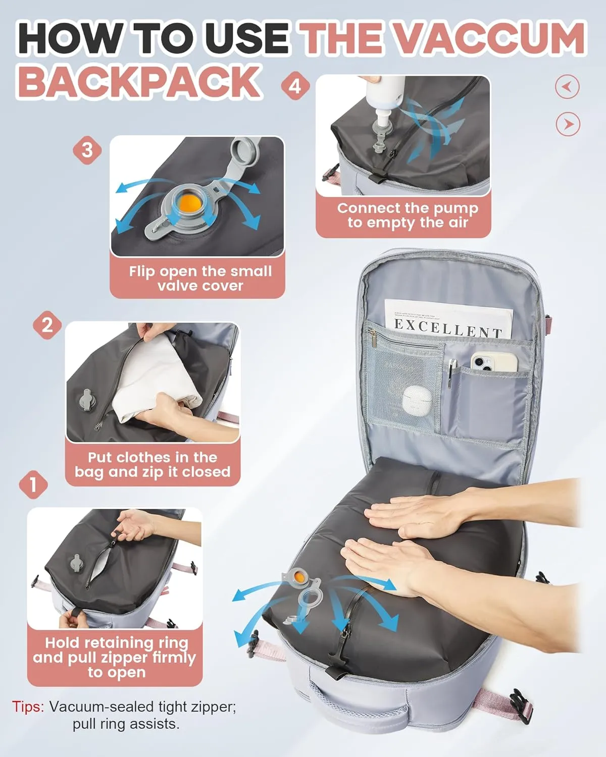Vacuum Seal Travel Backpack with Air Pump,Compression Vacpack Waterproof Airback Carry On Backpack for Travel Women Men with Vacuum System,Airlines Approved Daypack Laptop Space Saver Bags,Grey