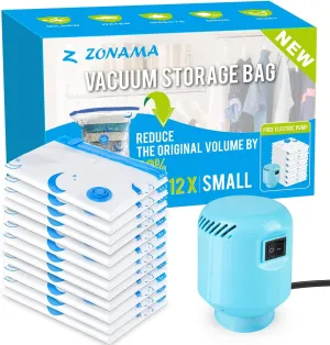 Vacuum Storage Bags with Electric Air Pump,12 Pack Small Size (24" x 16") Space Saver Bag for Clothes, Mattress, Blanket, Duvets, Pillows, Comforters, Quilt, Travel, Moving