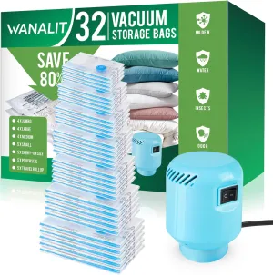 Vacuum Storage Bags with Electric Pump, New Air Valve Combo 32 Pack Vacuum Space Saver Bag, Vacuum Sealer Bags for Clothes, Clothing, Pillows, Comforters, Blankets, Quilt, Travel, Two Compressing Ways