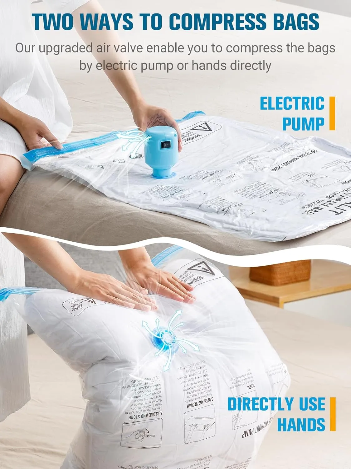 Vacuum Storage Bags with Electric Pump, New Air Valve Combo 32 Pack Vacuum Space Saver Bag, Vacuum Sealer Bags for Clothes, Clothing, Pillows, Comforters, Blankets, Quilt, Travel, Two Compressing Ways