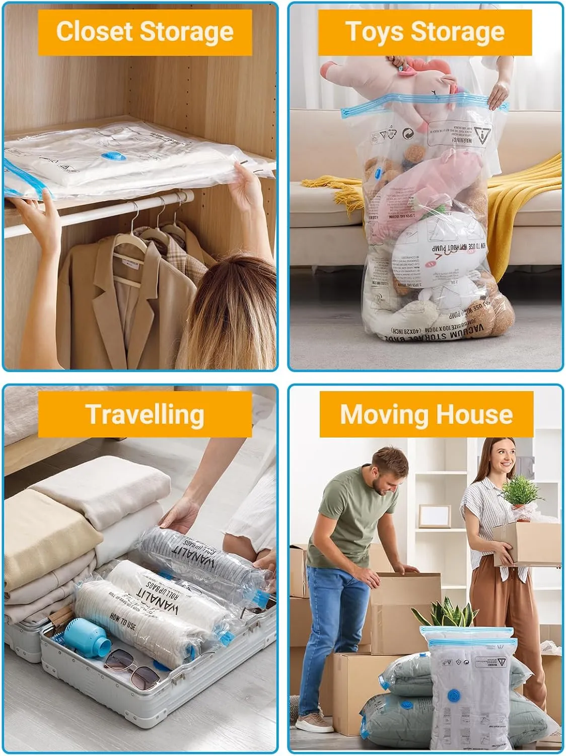 Vacuum Storage Bags with Electric Pump, New Air Valve Combo 32 Pack Vacuum Space Saver Bag, Vacuum Sealer Bags for Clothes, Clothing, Pillows, Comforters, Blankets, Quilt, Travel, Two Compressing Ways