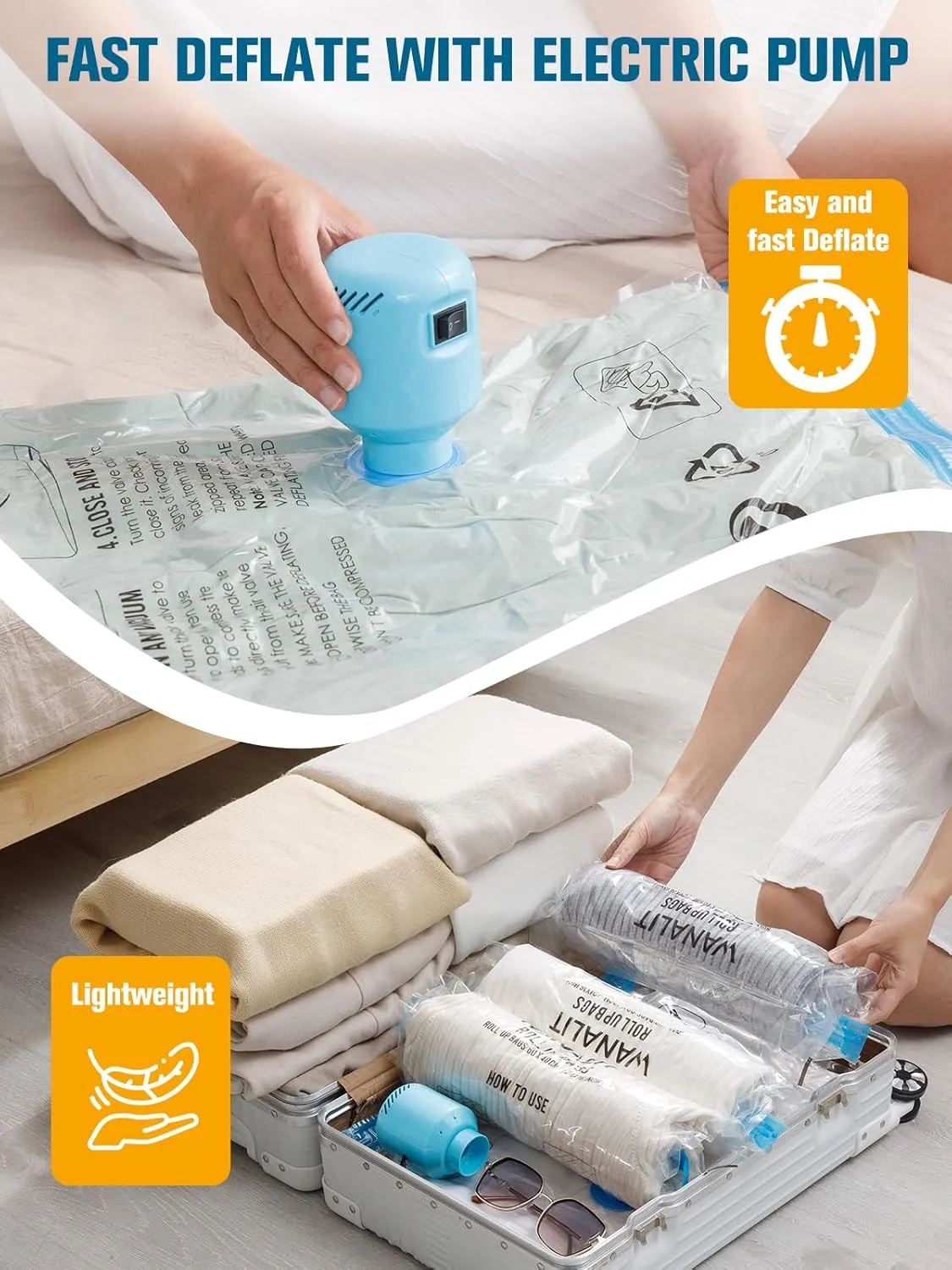 Vacuum Storage Bags with Electric Pump, New Air Valve Combo 32 Pack Vacuum Space Saver Bag, Vacuum Sealer Bags for Clothes, Clothing, Pillows, Comforters, Blankets, Quilt, Travel, Two Compressing Ways
