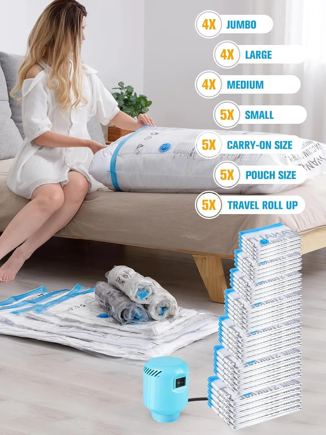 Vacuum Storage Bags with Electric Pump, New Air Valve Combo 32 Pack Vacuum Space Saver Bag, Vacuum Sealer Bags for Clothes, Clothing, Pillows, Comforters, Blankets, Quilt, Travel, Two Compressing Ways