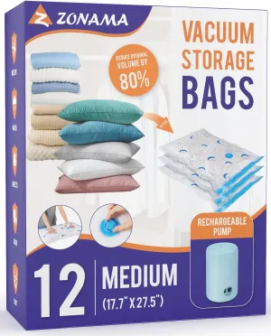 Vacuum Storage Bags with Rechargeable Pump,12 Pack Medium Size (17.7"x27.5") Vacuum Sealed Space Save Bag with 1500mAh Pump for Clothes, Blanket, Duvets, Pillows, Comforters, Quilt, Travel, Moving