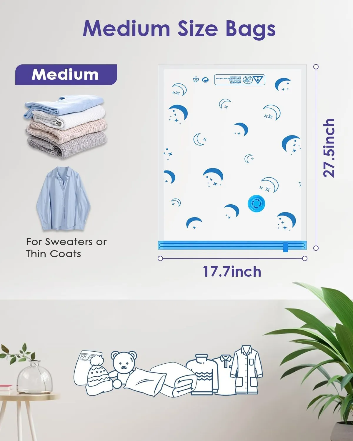 Vacuum Storage Bags with Rechargeable Pump,12 Pack Medium Size (17.7"x27.5") Vacuum Sealed Space Save Bag with 1500mAh Pump for Clothes, Blanket, Duvets, Pillows, Comforters, Quilt, Travel, Moving