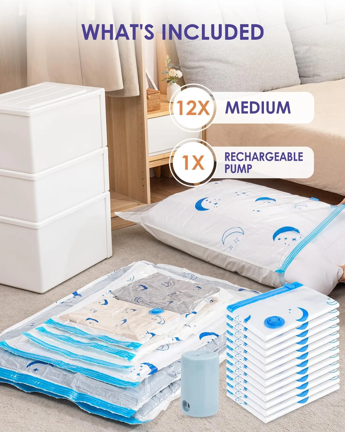 Vacuum Storage Bags with Rechargeable Pump,12 Pack Medium Size (17.7"x27.5") Vacuum Sealed Space Save Bag with 1500mAh Pump for Clothes, Blanket, Duvets, Pillows, Comforters, Quilt, Travel, Moving