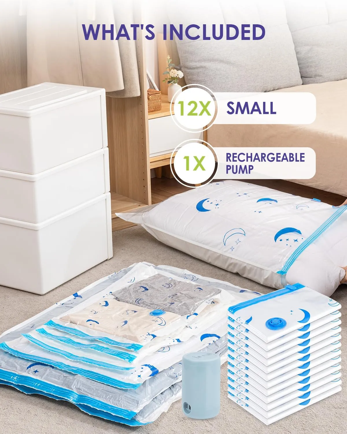 Vacuum Storage Bags with Rechargeable Pump,12 Pack Small Size (15.7"x23.6") Vacuum Sealed Space Save Bag with 1500mAh Pump for Clothes, Blanket, Duvets, Pillows, Comforters, Quilt, Travel, Moving