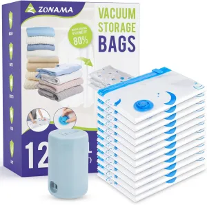 Vacuum Storage Bags with Rechargeable Pump,12 Pack Small Size (15.7"x23.6") Vacuum Sealed Space Save Bag with 1500mAh Pump for Clothes, Blanket, Duvets, Pillows, Comforters, Quilt, Travel, Moving
