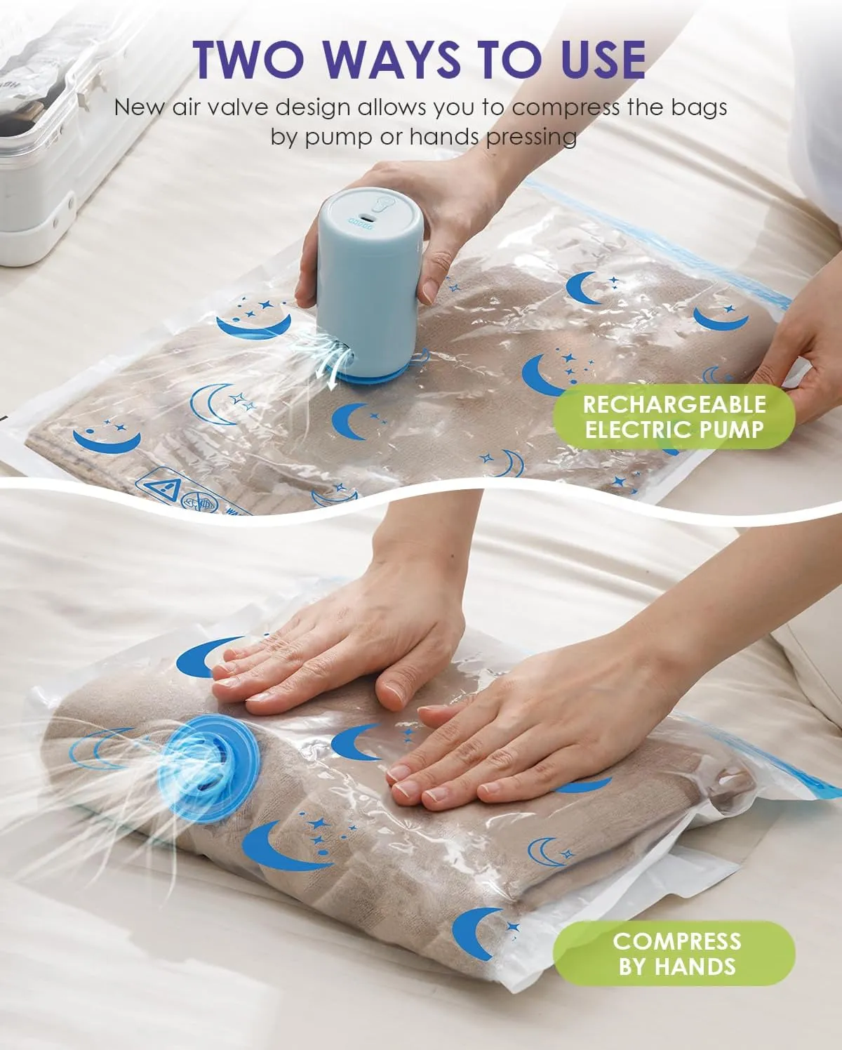 Vacuum Storage Bags with Rechargeable Pump,12 Pack Small Size (15.7"x23.6") Vacuum Sealed Space Save Bag with 1500mAh Pump for Clothes, Blanket, Duvets, Pillows, Comforters, Quilt, Travel, Moving