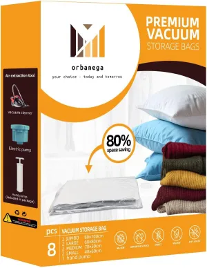 Vacuum Storage Bags,8 pack with Hand Pump .(2 Jumbo,2 Large,2 Medium,2 Small) Space Saving solution for Storage,Travel,Moving purposes.
