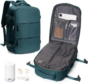 Vacuum Travel Backpack for Women Men Seal Compression Airback Vacpack with Pump laptop Compression Bags with Shoe Compartment Flight Approved Personal item Travel Bag Carrry on Luggage Peacock Blue