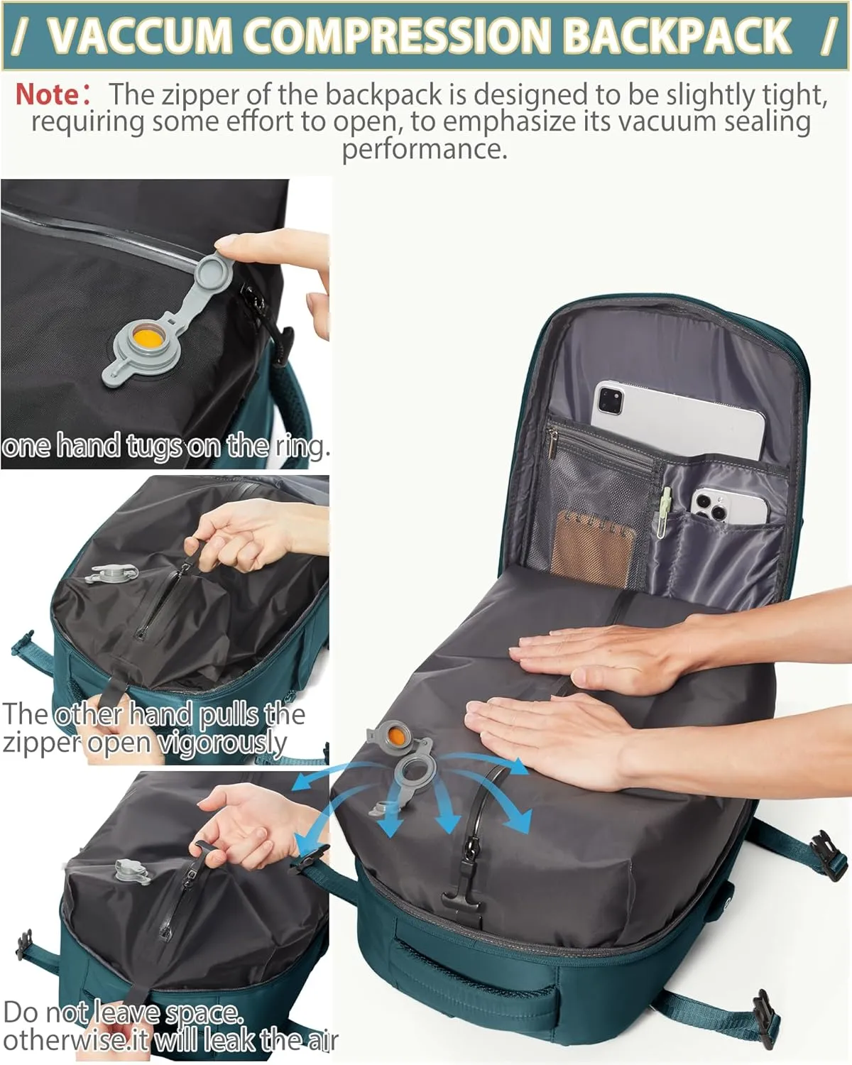 Vacuum Travel Backpack for Women Men Seal Compression Airback Vacpack with Pump laptop Compression Bags with Shoe Compartment Flight Approved Personal item Travel Bag Carrry on Luggage Peacock Blue