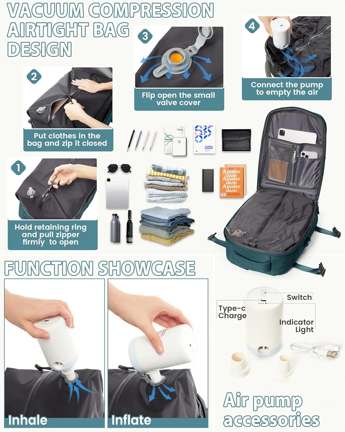 Vacuum Travel Backpack for Women Men Seal Compression Airback Vacpack with Pump laptop Compression Bags with Shoe Compartment Flight Approved Personal item Travel Bag Carrry on Luggage Peacock Blue