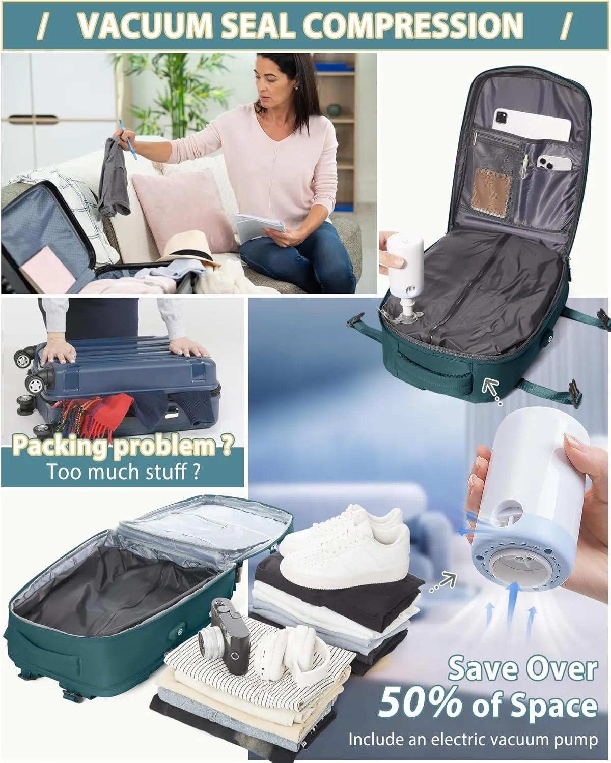Vacuum Travel Backpack for Women Men Seal Compression Airback Vacpack with Pump laptop Compression Bags with Shoe Compartment Flight Approved Personal item Travel Bag Carrry on Luggage Peacock Blue