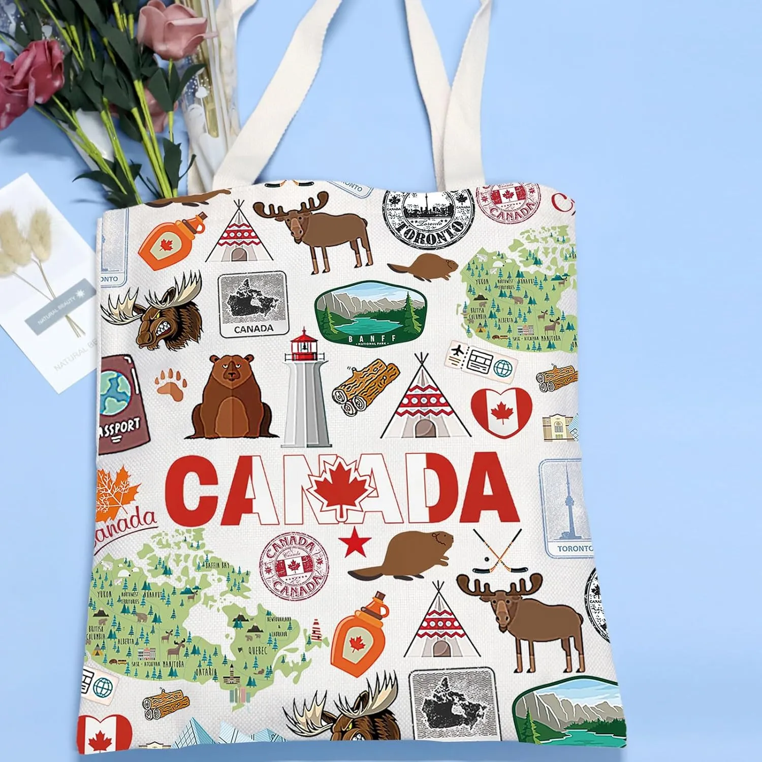 VAMSII Canada Travel Gift Canada Landmarks Tote Bag Canada Souvenir for Traveler Canadian Pride Gift Canadian Sky-line Gifts