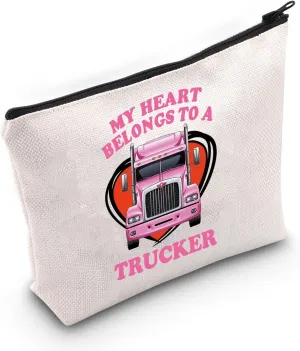 VAMSII Cool Truckers Wife Gift My Heart Belongs To A Trucker Makeup Bag Truck Driver G-irl Cosmetic Bag Trucker Girlfriend Gift (Heart Belongs To A Trucker M)