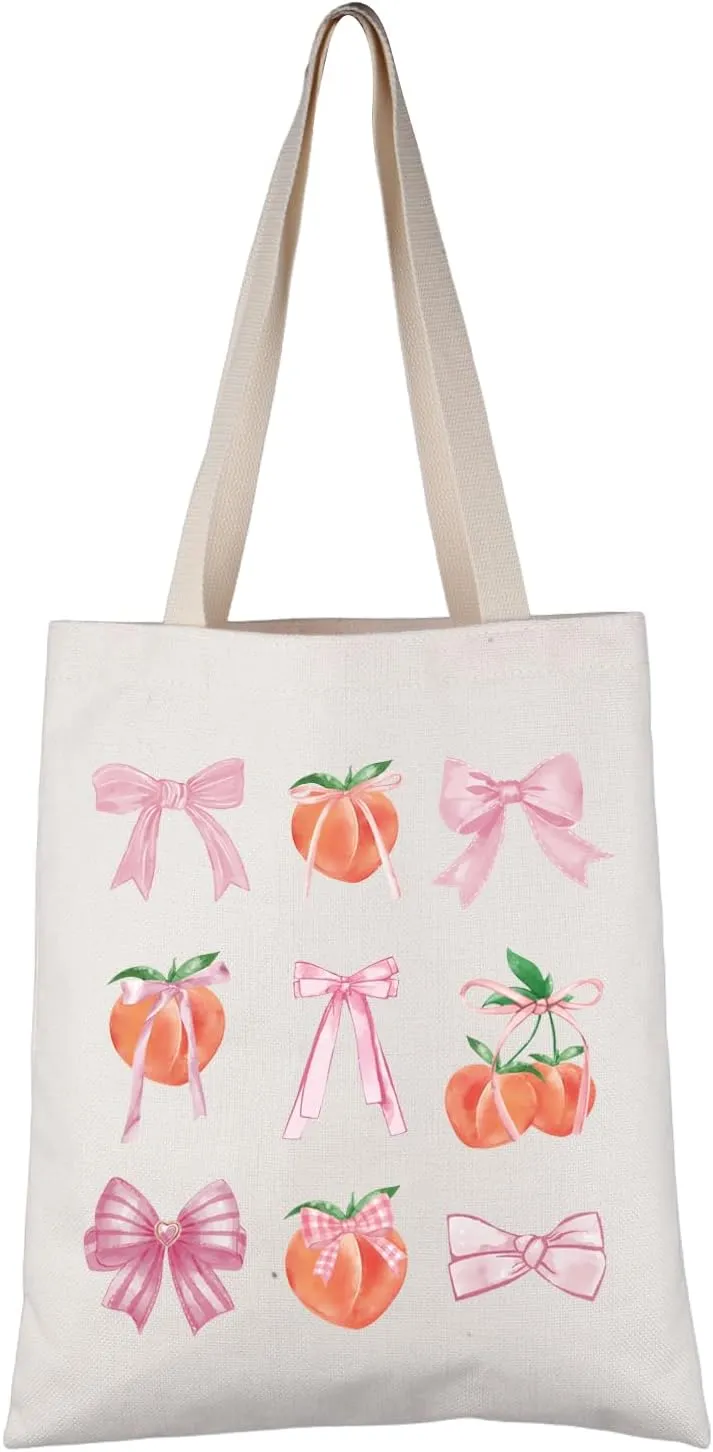 VAMSII Peach Lover Gift Coquette Peach Tote Bag Pink Ribbon Bow Handbag Peach Aesthetic Gift