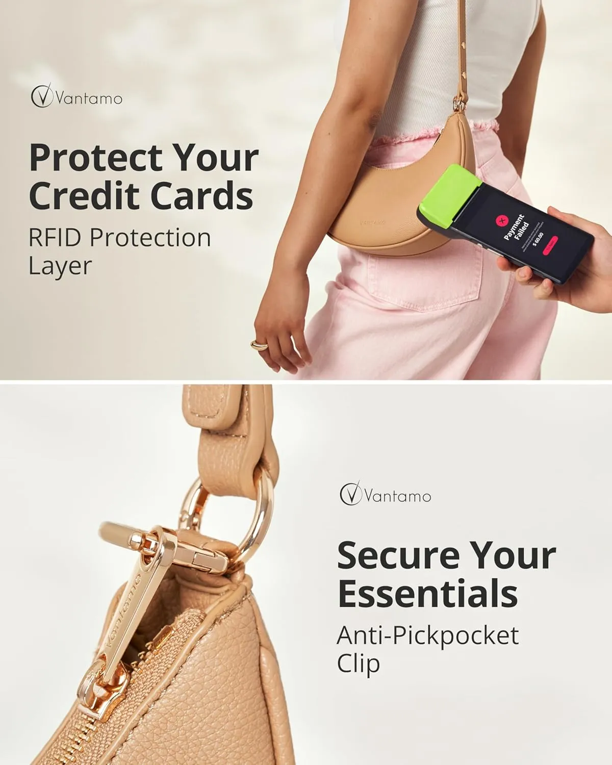 Vantamo Crescent Bags For Women with RFID Protection, Half Moon Clutch Purses for Women with Anti-Theft Clip for Extra Safety