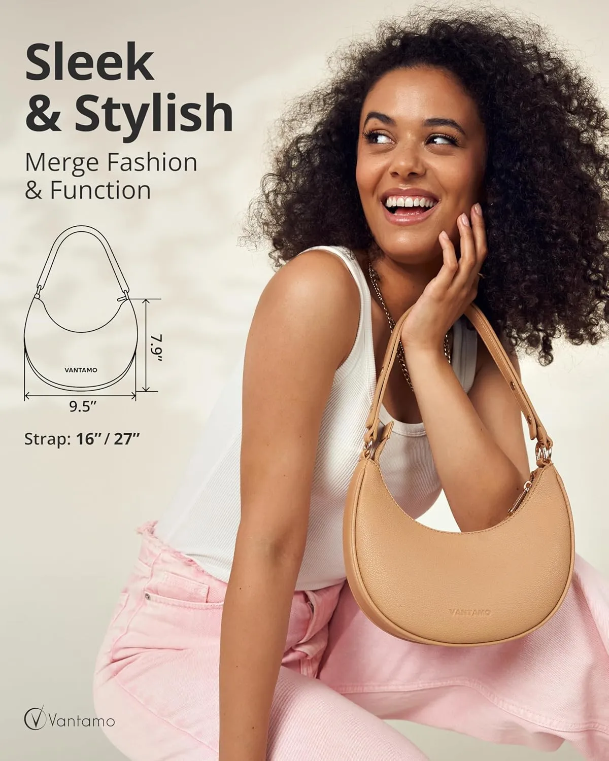 Vantamo Crescent Bags For Women with RFID Protection, Half Moon Clutch Purses for Women with Anti-Theft Clip for Extra Safety