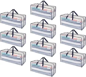 VENO 10 Pack Moving Bags w/Backpack Straps, Heavy Duty, Moving Boxes Alternative, Packing Supplies, Large Storage Totes for Dorm Room Essentials with Zipper for Clothes (Clear, 10 Pack)